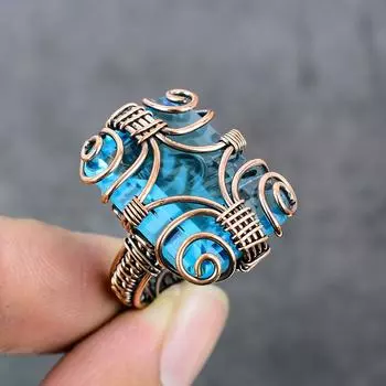 Натуральный синий топаз, драгоценный камень, медная проволока, подарочное ювелирное кольцо, размер 7,5 l1U89