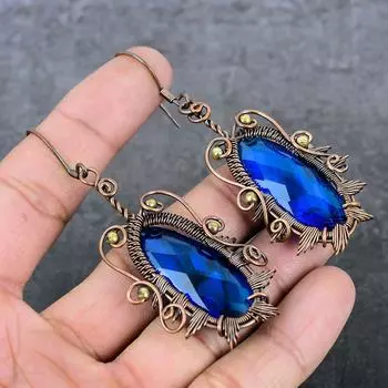 Натуральный синий топаз, драгоценный камень, медная проволока ручной работы, подарочные ювелирные серьги 3,15 дюйма t3m81