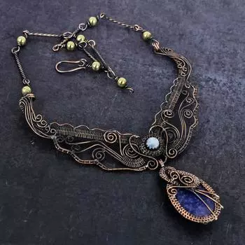 Натуральный содалит, драгоценный камень ларимар, медная проволочная ожерелье 18 дюймов F5C37