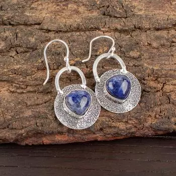 Натуральный содалит, серебро 925 пробы, серьги-подвески ручной работы 1,30 EE-63-23