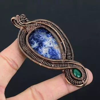 Натуральный содалит, зеленый оникс, драгоценный камень, подвеска ручной работы из медной проволоки 3,74 D6s89