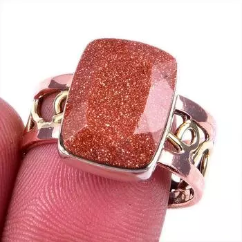 Натуральный солнечный камень драгоценный камень 925 сплошное серебряное ювелирное изделие двухцветное кольцо размер 9US s3Z97