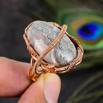 Натуральный сумасшедший кружевной агат, драгоценный камень, кольцо ручной работы из медной проволоки, размер 7 v4l22