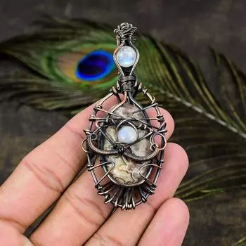 Натуральный сумасшедший кружевной агат, лунный камень, драгоценный камень, медная проволока, подвеска 3,15 дюйма, N8u75