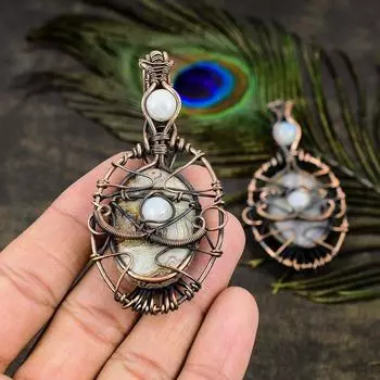 Натуральный сумасшедший кружевной агат, лунный камень, драгоценный камень, медная проволока, подвеска 3,07 дюйма P8P20