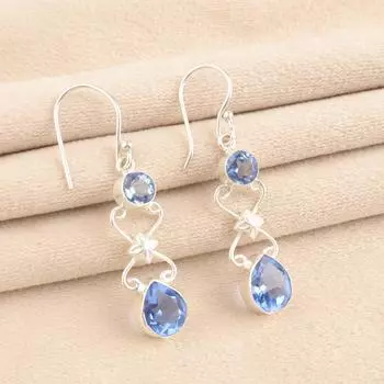Натуральный Танзанит Драгоценный Камень 925 Стерлинговое Серебро Ручной Работы Вечерние Серьги 2 EE-156-3