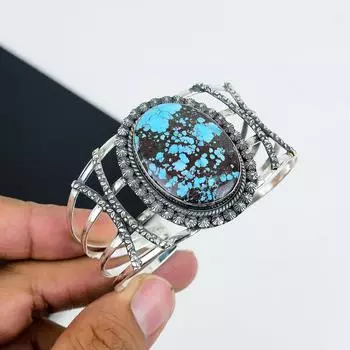 Натуральный тибетский бирюзовый драгоценный камень, браслет-манжета ручной работы из стерлингового серебра 925 пробы, тибетский бирюзовый браслет, для жены, браслет унисекс, подарки для жены 6 синий