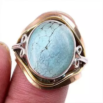Натуральный тибетский драгоценный камень бирюза 925 пробы, одноцветное серебро, двухцветное кольцо, размер 6US w7K03