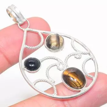 Натуральный тигровый глаз, черный оникс, драгоценный камень, этнический подарочный ювелирный кулон 2,29 дюйма P5D93