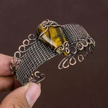 Натуральный тигровый глаз драгоценный камень ручной работы браслет из медной проволоки регулируемый Q4r99