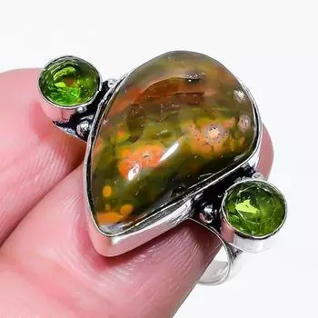 Натуральный унакит, драгоценный камень перидот, серебро 925 пробы, подарочное кольцо, размер 9 k8h94