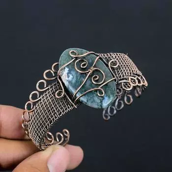 Натуральный зеленый авантюрин, драгоценный камень, браслет ручной работы из медной проволоки, регулируемый. о5Н39