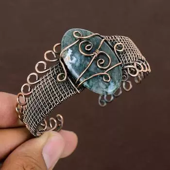 Натуральный зеленый авантюрин, драгоценный камень, браслет ручной работы из медной проволоки, регулируемый. H4d32