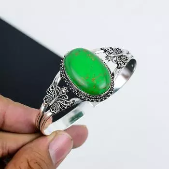 Натуральный зеленый бирюзовый драгоценный камень, браслет-манжета ручной работы из стерлингового серебра 925 пробы, зеленый бирюзовый браслет, для жены, браслет унисекс, подарки на День благодарения 6 зелёный