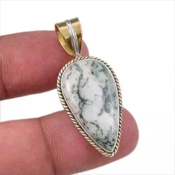 Натуральный зеленый дендритный опал из стерлингового серебра 925 пробы Подарочный двухцветный кулон 1,50 дюйма N3W20