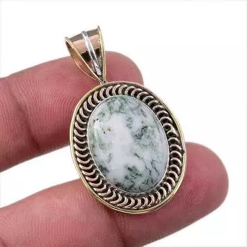 Натуральный зеленый дендритный опал из стерлингового серебра 925 пробы Подарочный двухцветный кулон 1,75 дюйма N7H18