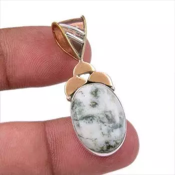 Натуральный зеленый дендритовый опал из стерлингового серебра 925 пробы Подарочный двухцветный кулон 1,75 дюйма M1t79