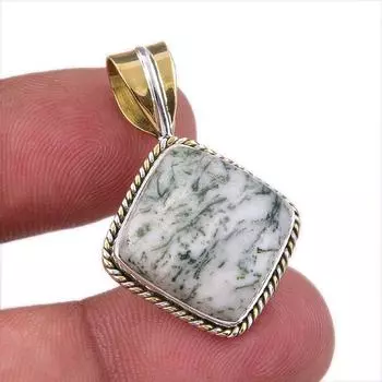 Натуральный зеленый дендритовый опал из стерлингового серебра 925 пробы Подарочный двухцветный кулон 1,25 дюйма v9U38