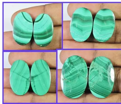 Натуральный зеленый малахит, подобранный из 4 пар овальных кристаллов-кабошонов, драгоценный камень 24-28 мм RQ-1008