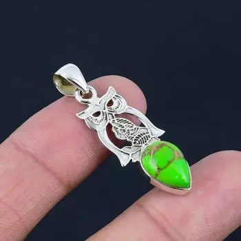 Натуральный зеленый медный бирюзовый драгоценный камень, твердое серебро 925 пробы, подвеска в виде капли в виде совы, подвеска ручной работы, ювелирный подарок на День святого Валентина зелёный