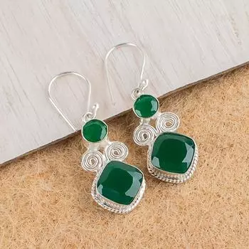 Натуральный зеленый оникс драгоценный камень 925 стерлинговое серебро ручная работа ювелирные изделия серьги 1,12 EE-69-12