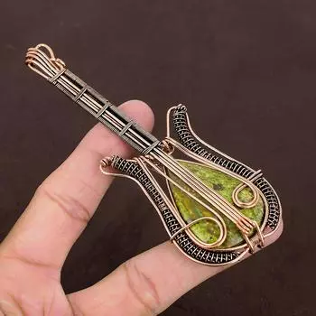 Натуральный зеленый опал, драгоценный камень, подвеска для гитары ручной работы из медной проволоки, 4,53 дюйма, O9L14