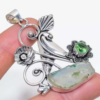 Натуральный зеленый срез друзы, подвеска из стерлингового серебра 925 пробы с цаворитом 2,56 E2t42