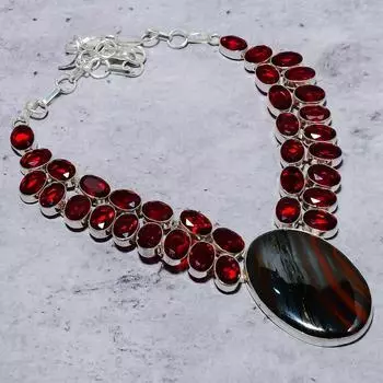 Натуральный железо красный Jasper, Garnet Gemstone 925 Серебряное колье стерлингов 18 E9R32