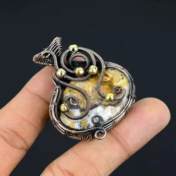 Натуральный желтый дендритный опал, подвеска ручной работы из медной проволоки, 2,05 дюйма, v8o03