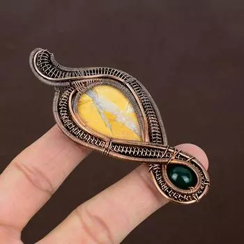 Натуральный желтый мукаит, зеленый оникс, драгоценный камень, подвеска из медной проволоки, 3,94 дюйма, P0w94