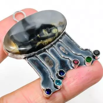 Natural Ocean Fume Agate, Topaz Gemstone 925 Sterling Silver Pendant 2.09 t1o86