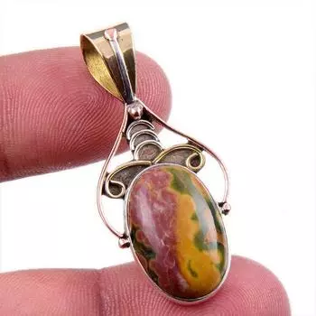 Natural Ocean Jasper 925 Solid Sterling Silver Jewelry TwoTone Pendant 1.5 Q4Y81