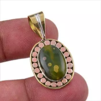 Natural Ocean Jasper 925 Solid Sterling Silver TwoTone Gift Pendant 1.25 e4Y56