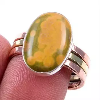 Natural Ocean Jasper Gemstone 925 Solid Silver Jewelry Two Tone Ring S.9US S5d95