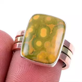 Natural Ocean Jasper Gemstone 925 Solid Silver TwoTone Gift Ring S.7.5US m5C57