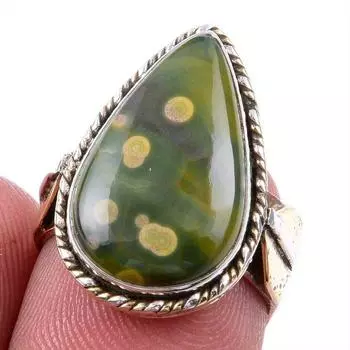 Natural Ocean Jasper Gemstone 925 Solid Silver TwoTone Gift Ring S.5.5US o9y58