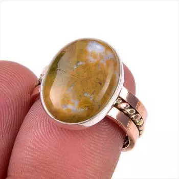 Natural Ocean Jasper Gemstone 925 Solid Sterling Silver Two Tone Ring S.6.5 a6Y12