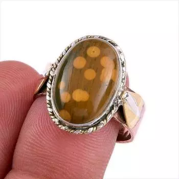 Natural Ocean Jasper Gemstone 925 Solid Sterling Silver Two Tone Ring S.8 p3a84