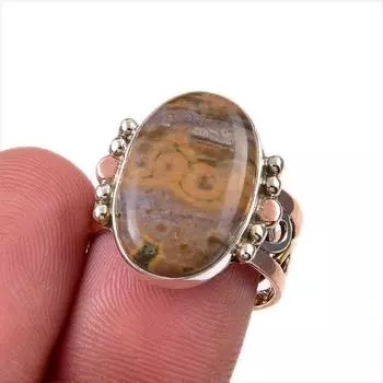 Natural Ocean Jasper Gemstone 925 Solid Sterling Silver Two Tone Ring S.7 A0o27