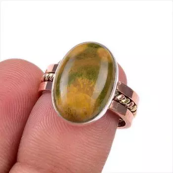 Natural Ocean Jasper Gemstone 925 Solid Sterling Silver Two Tone Ring S.6.5 z9S60