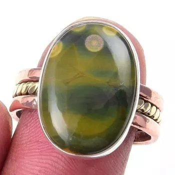 Natural Ocean Jasper Gemstone 925 Sterling Silver Jewelry Two Tone Ring S.9 o7i23