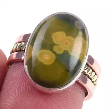 Natural Ocean Jasper Gemstone 925 Sterling Silver Two Tone Ring Size 6.5 p7Q54