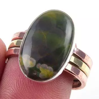 Natural Ocean Jasper Gemstone 925 Sterling Silver Jewelry Two Tone Ring S.8 o3y51