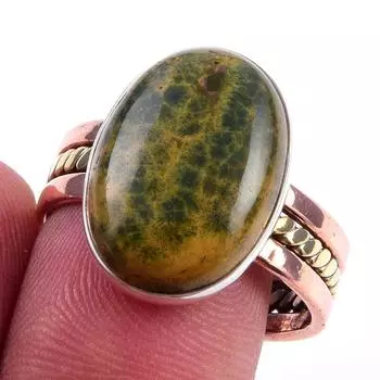 Natural Ocean Jasper Gemstone 925 Sterling Silver Two Tone Ring Size 9.5 u5r53