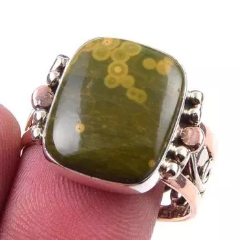 Natural Ocean Jasper Gemstone 925 Sterling Silver Jewelry Two Tone Ring S.9 q7L41