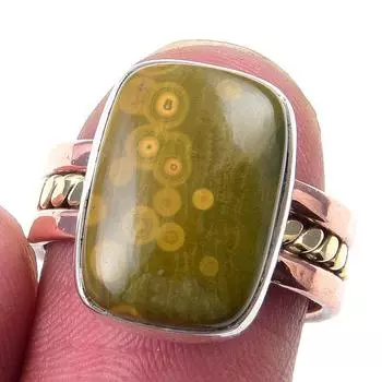 Natural Ocean Jasper Gemstone 925 Sterling Silver Jewelry Two Tone Ring S.6 Z8y75