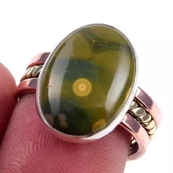 Natural Ocean Jasper Gemstone 925 Sterling Silver Jewelry Two Tone Ring S.7 C3P39