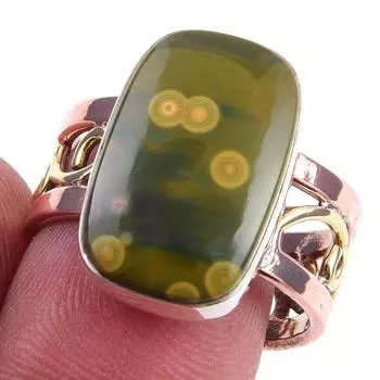 Natural Ocean Jasper Gemstone 925 Sterling Silver Two Tone Ring Size 8.5 H1R40