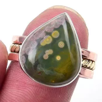 Natural Ocean Jasper Gemstone 925 Sterling Silver Two Tone Ring Size 7.5 l3B77