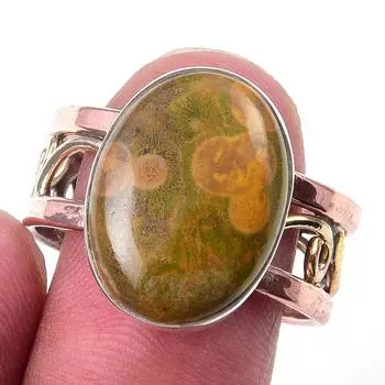Natural Ocean Jasper Gemstone 925 Sterling Silver TwoTone Gift Ring S.10 k7D95